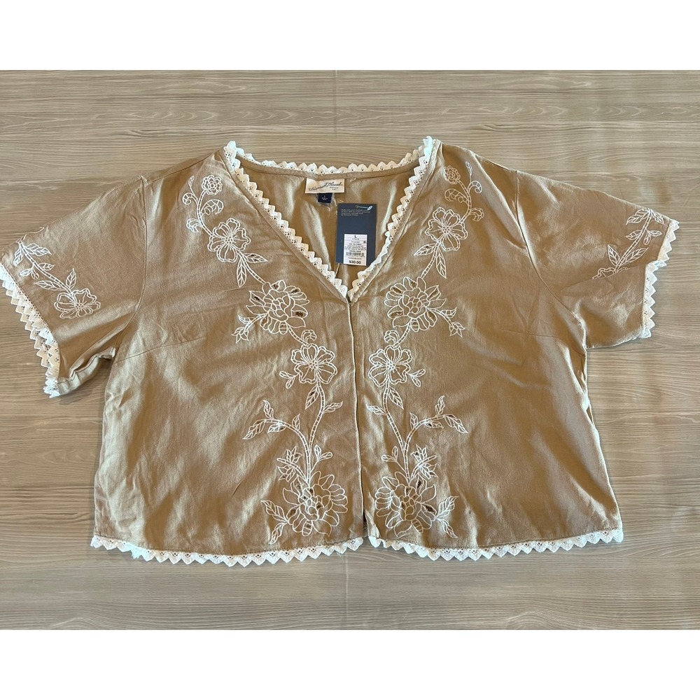 Universal Thread Tan Floral Embroidered Eyelet Trim Linen Blend Top Large NEW